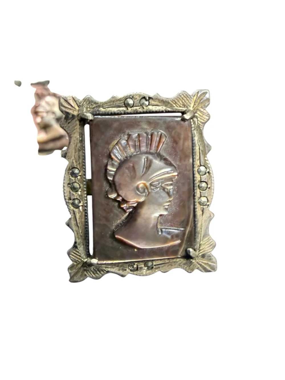 Vintage Marked 800 Silver Mother of Pearl Roman Warrior Marcasite Cufflinks